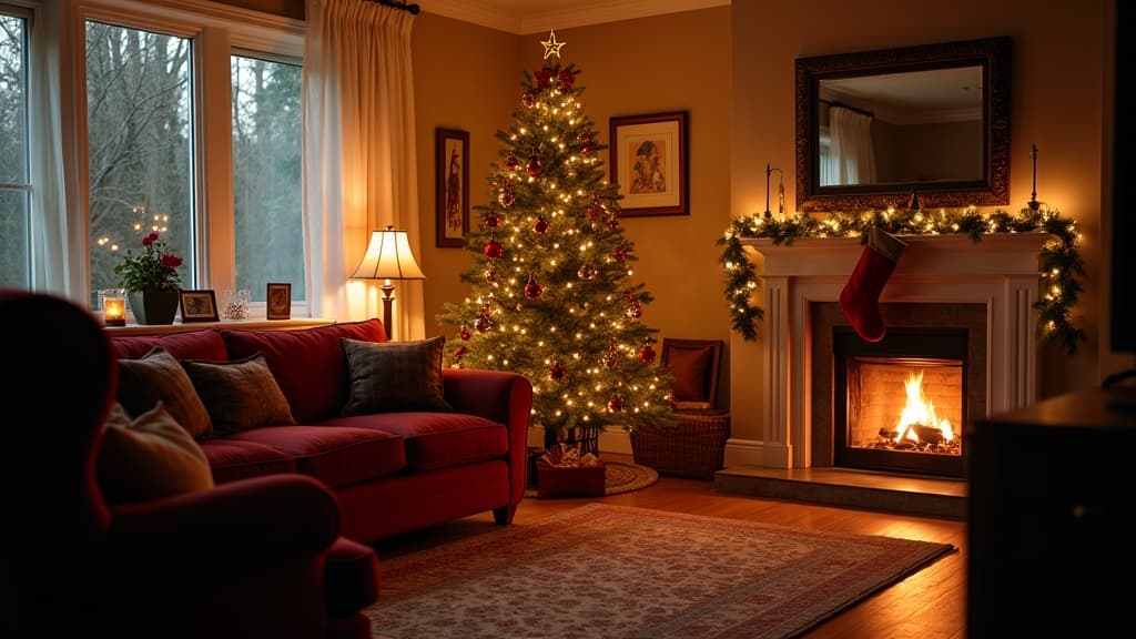 Empty chair and missing Christmas stocking in a festive living room