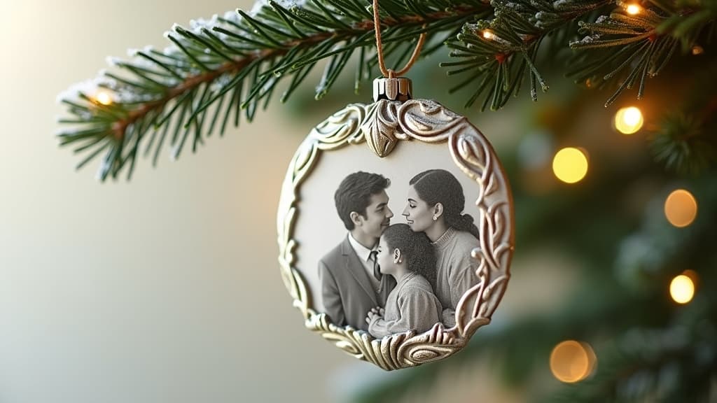 Close-up of a personalized Christmas tree ornament for remembering a loved one.