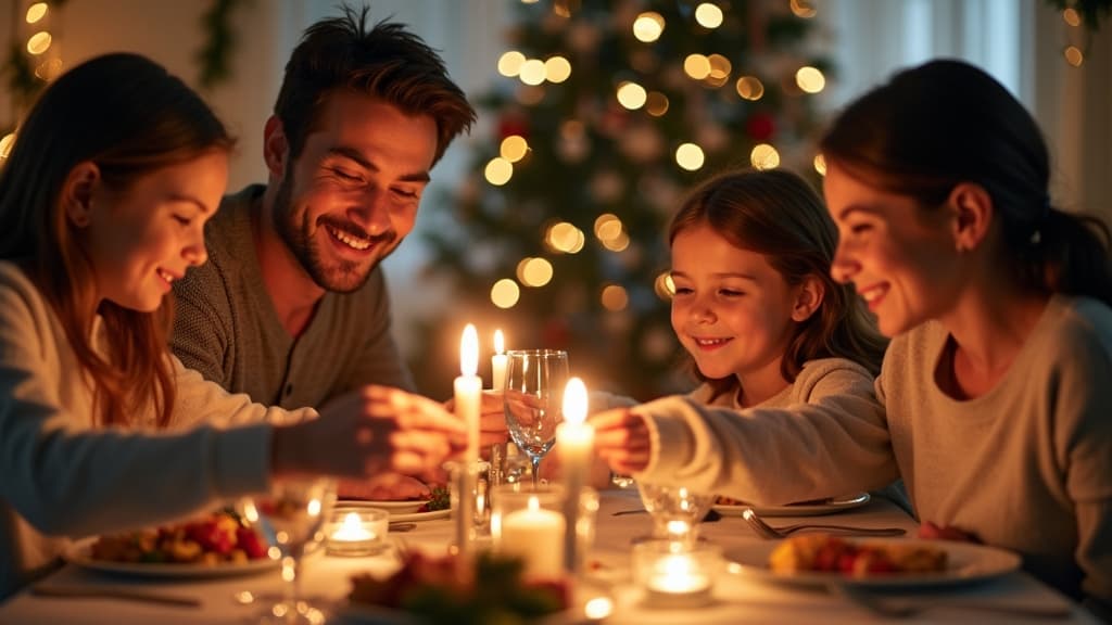 Family lighting candles at Christmas dinner