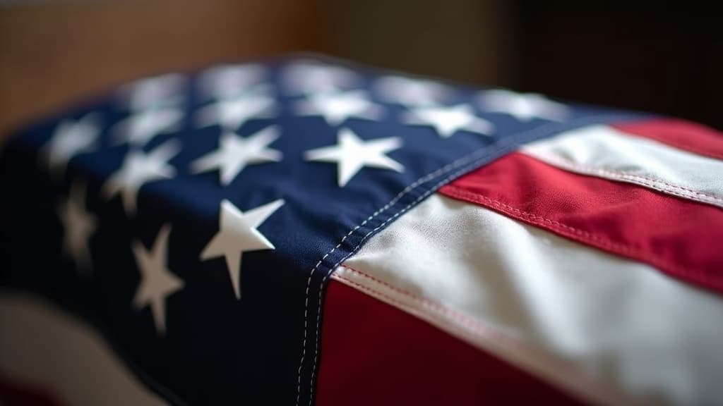 An American flag draped over a closed casket