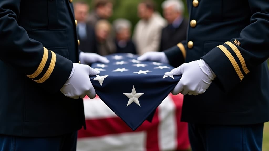 Uniformed military personnel's hands performing the ceremonial 13 folds of the American flag.