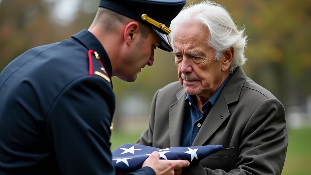 Presenting the folded American flag to the next of kin at a veteran's funeral.