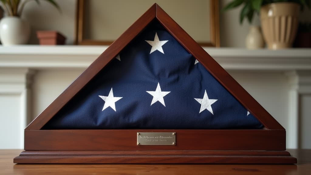 A folded American flag displayed in a wooden memorial flag case