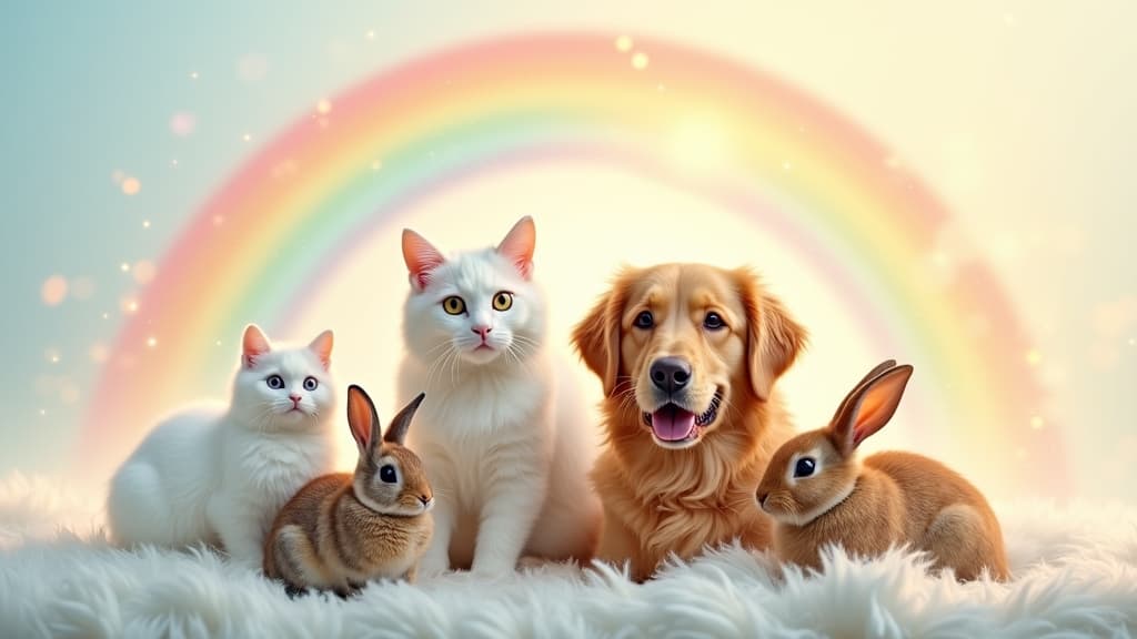 Rainbow Bridge collage with pets symbolizing grief and healing after pet loss
