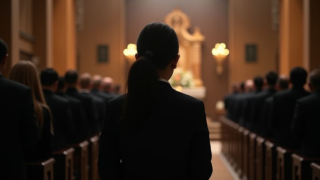 A person stands respectfully in a funeral setting