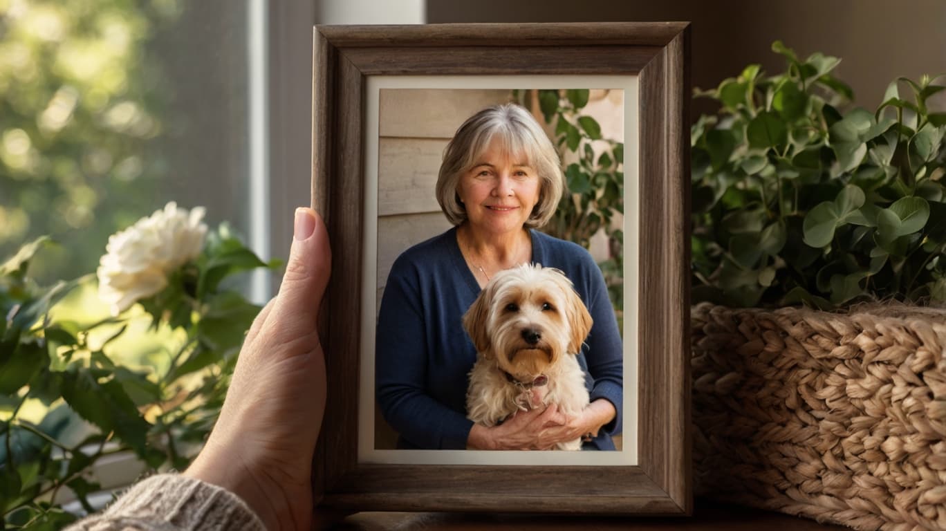 Woman Holding a Photo of Her and Her Dog