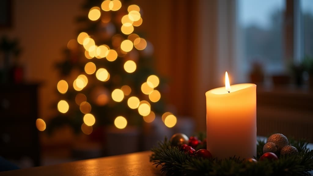 A lit candle on a table with a softly lit Christmas tree
