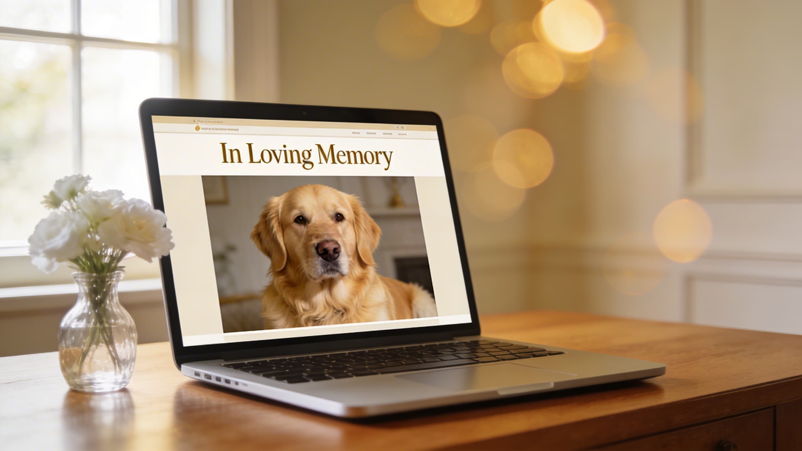 A laptop screen displaying a pet memorial tribute page with a dog photo, set on a wooden desk with a small vase of white flowers