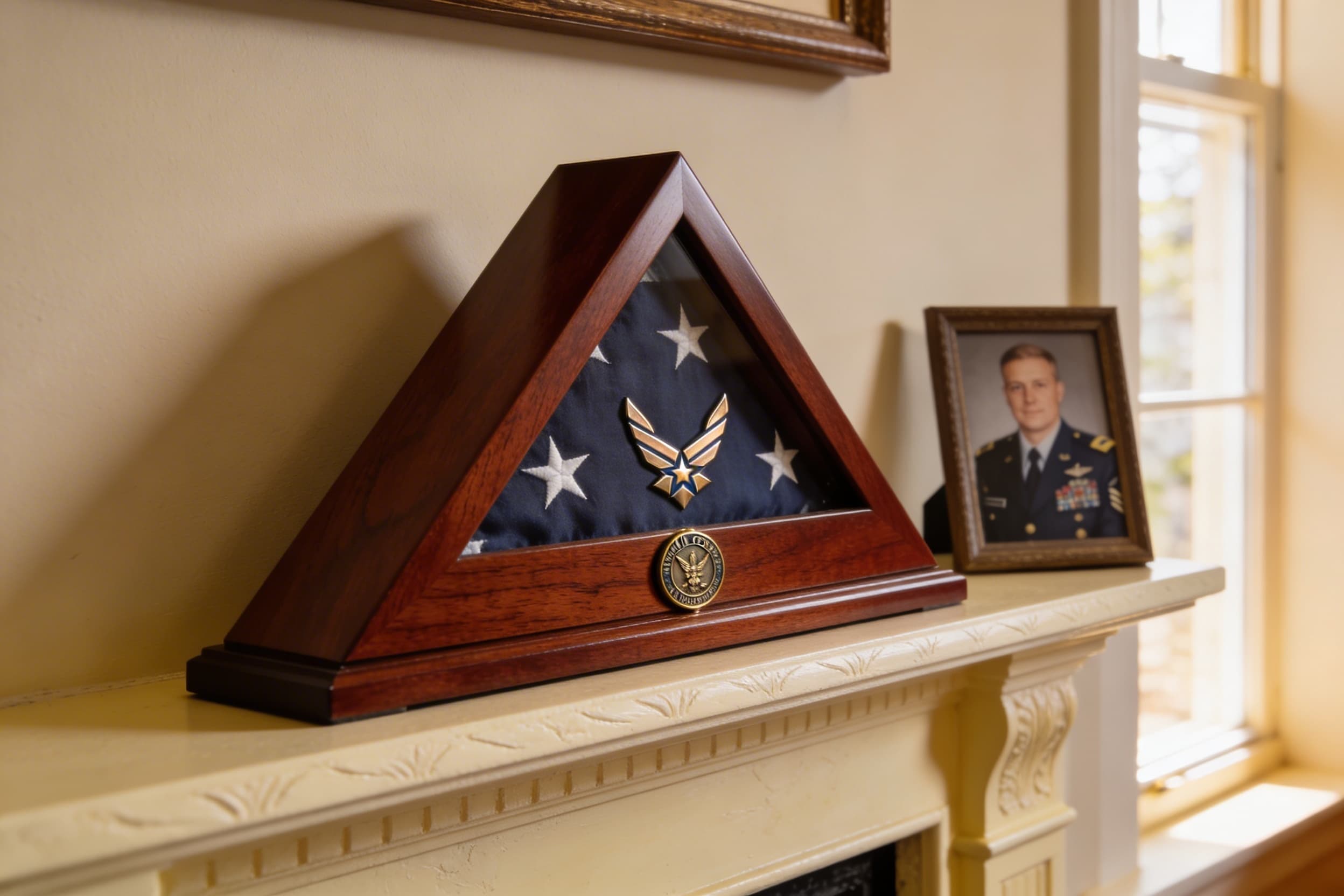 A cherry wood flag display case with an Air Force medallion resting on a mantel in a warmly lit living room