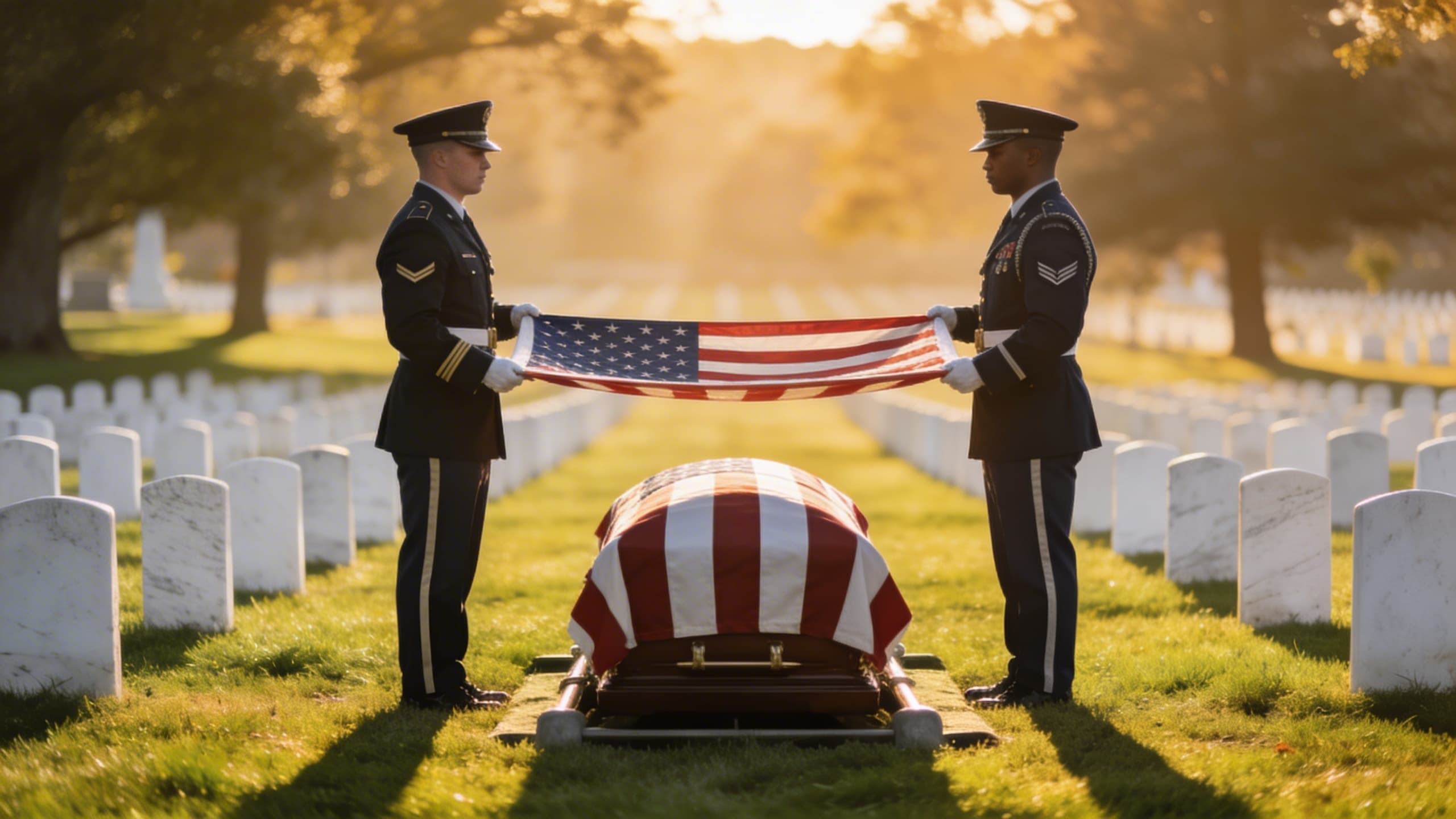 Two uniformed honor guard members holding a taut American flag over a flag-draped military casket at an outdoor cemetery, solemn ceremony, golden hour light