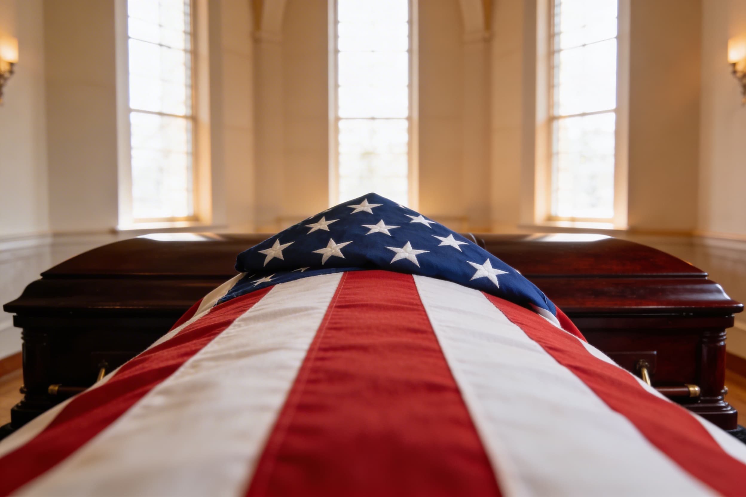 Close-up of an American flag draped over a dark wood closed casket, union blue field at head over left shoulder, soft indoor chapel lighting