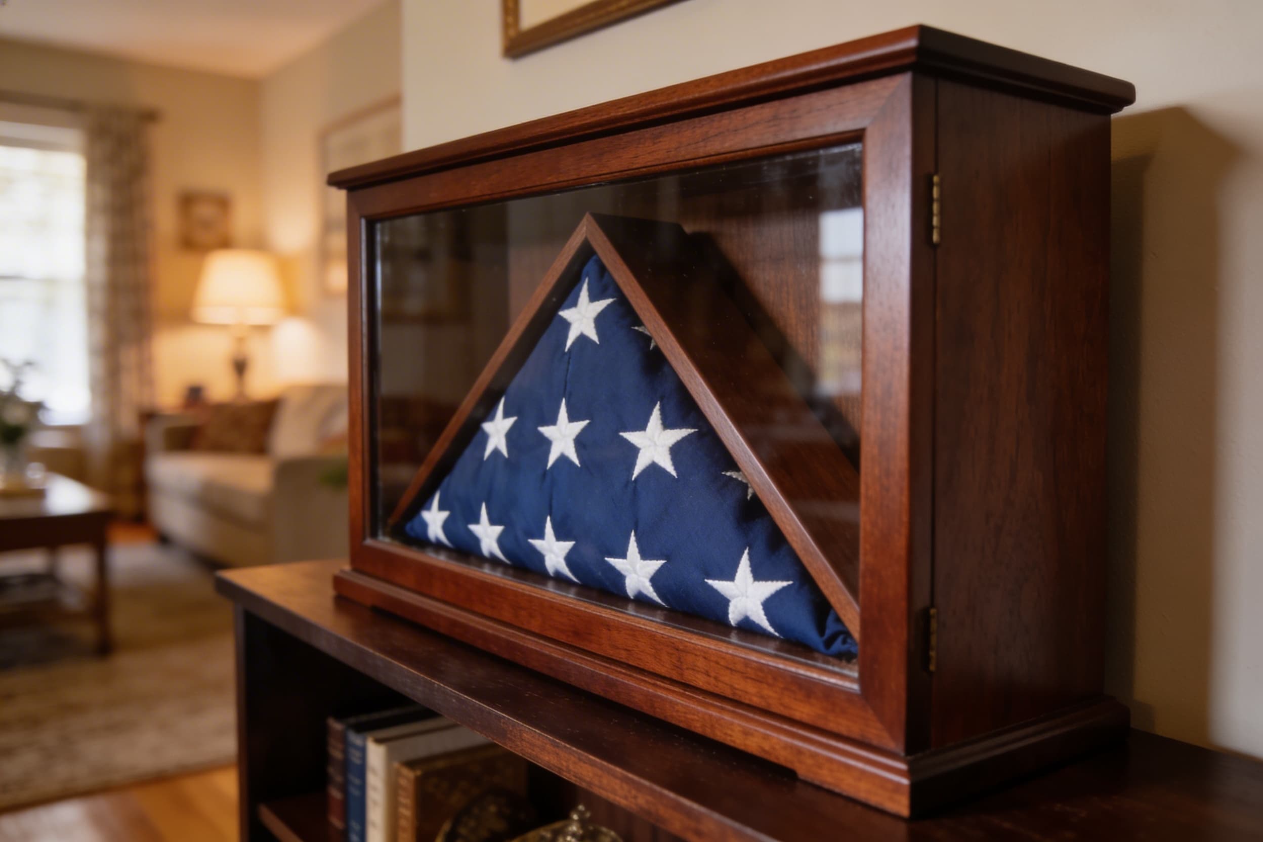 A folded American flag displayed inside a mahogany flag display case with glass front, sitting on a dark wood shelf in a warm home setting, soft ambient light