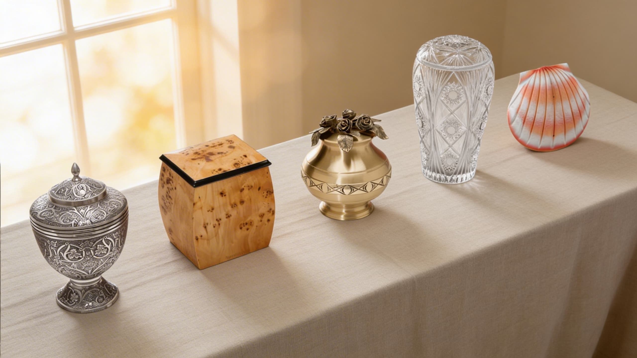 Cremation urns in wood, marble and bronze on a linen surface