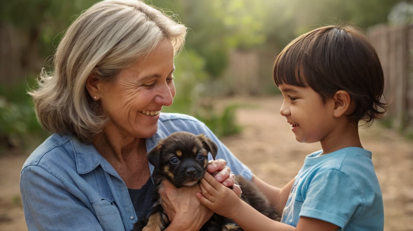 Grandma and grandbaby pet a dog.