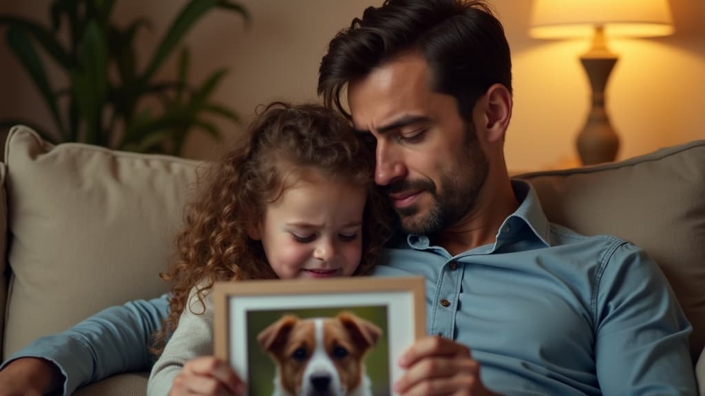 Parent comforting grieving child holding framed photo of lost pet