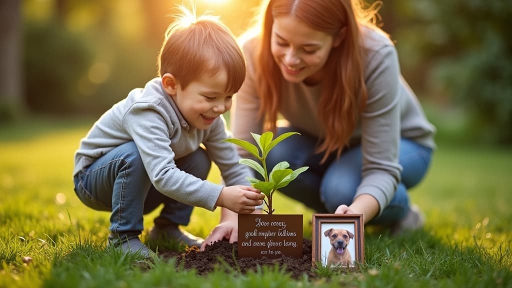 Child planting tree as tribute to pet, symbolizing remembrance and healing