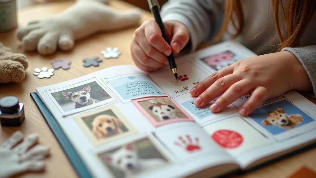 Child creating scrapbook with pet photos and keepsakes