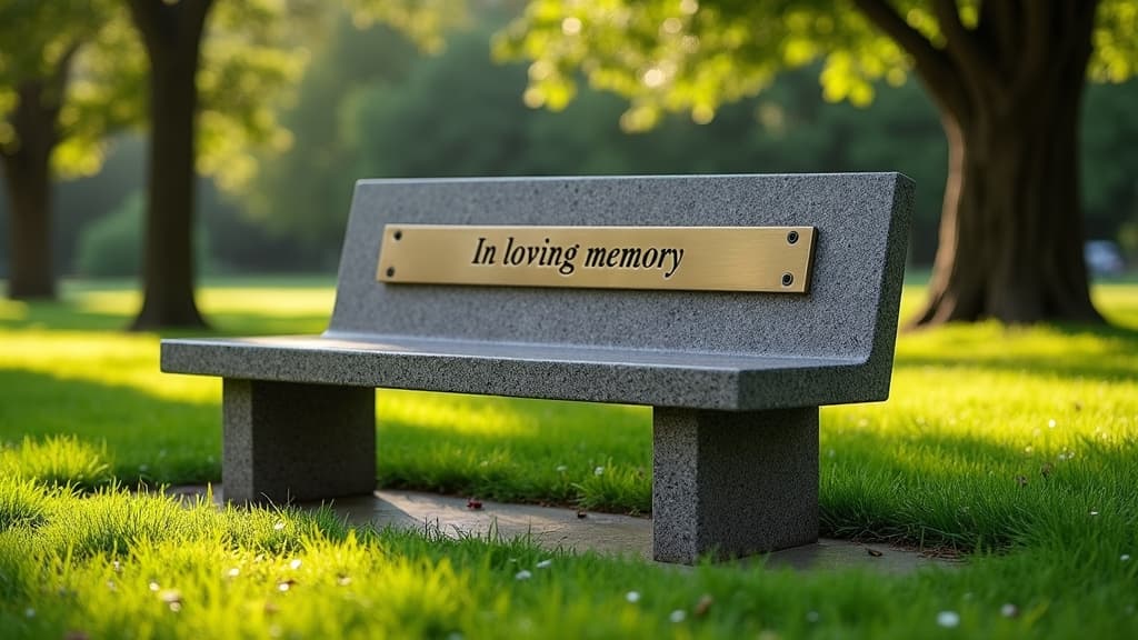 A granite memorial bench with engraved plaque in a quiet park