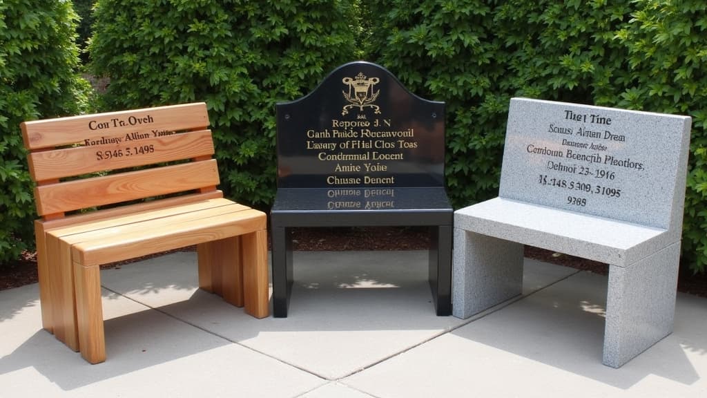 Various custom memorial bench designs with different materials and finishes