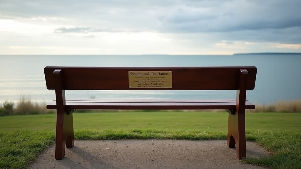 Public memorial bench by the seaside with an engraved plaque