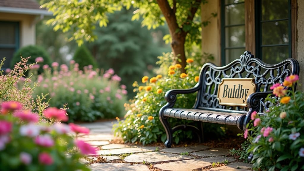 A backyard pet memorial garden with flowering plants and a memory plaque