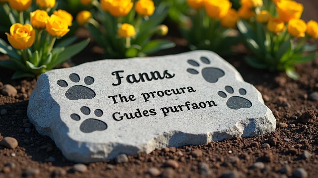 Engraved pet memorial stone with paw prints and pet name in a garden