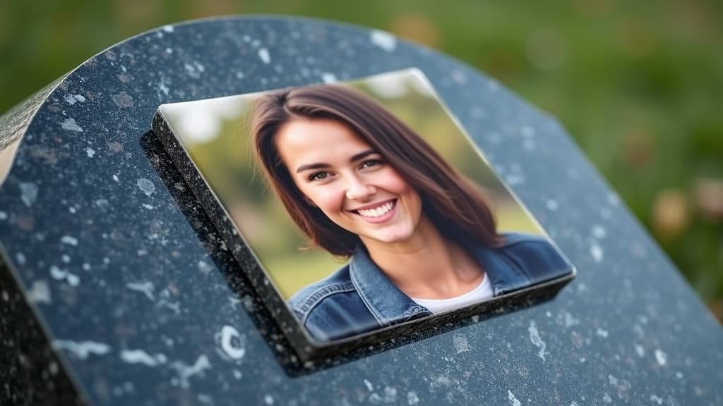 Weatherproof ceramic photo tile of a smiling person affixed to a polished granite headstone