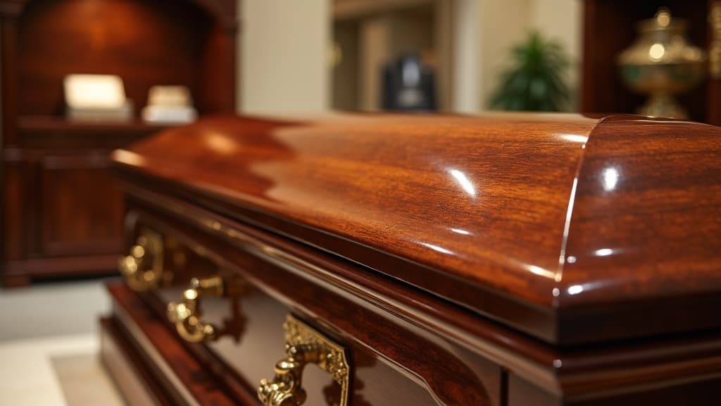 A beautifully polished hardwood casket