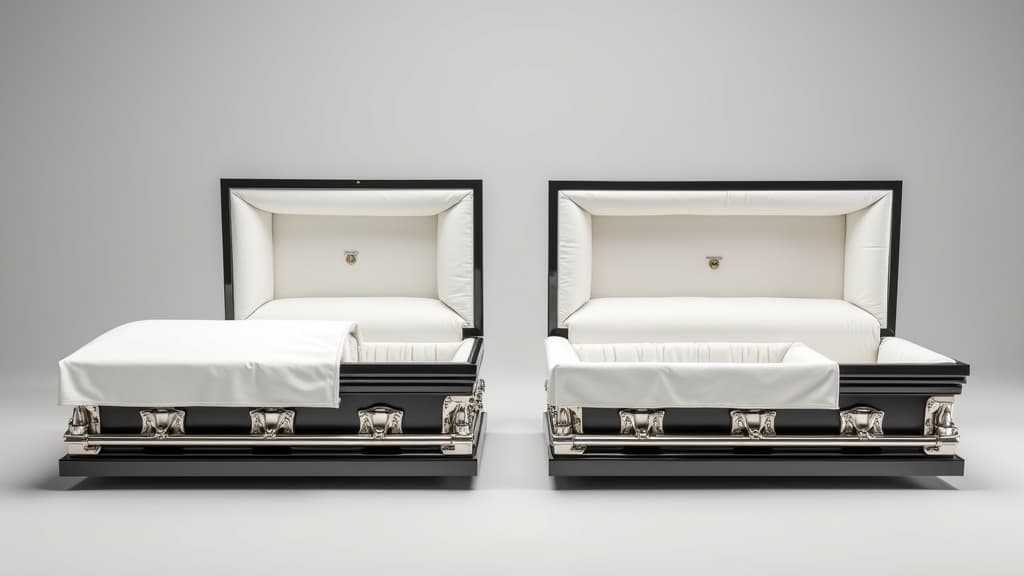 A half-couch casket with its upper lid open versus a full-couch casket with its entire lid open