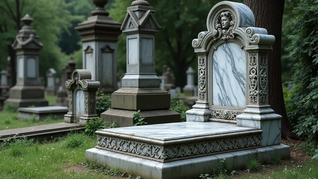 An ornate Victorian-era gravestone made of marble, showcasing 19th-century cemetery artistry.