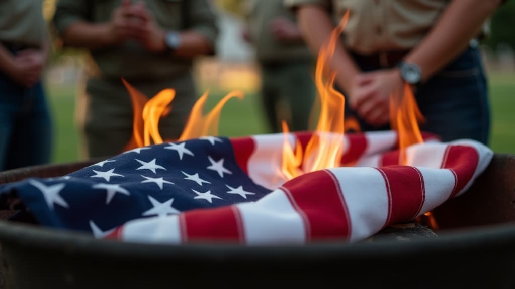 An American flag being respectfully retired through dignified burning in a controlled environment.