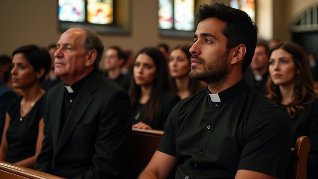 Mourners in dark, semi-formal attire seated respectfully in a Catholic church.