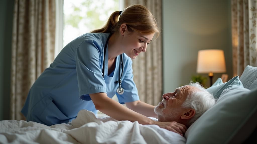 A compassionate hospice nurse gently providing comfort and care to a patient in a peaceful home setting.