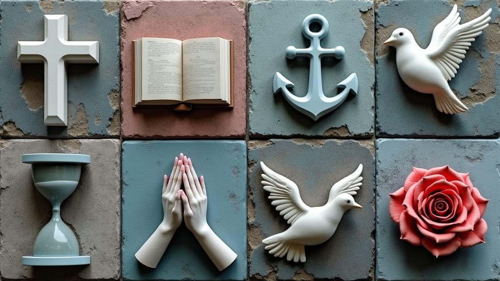 An abstract mosaic of common cemetery symbols like crosses, doves, anchors, and angels.