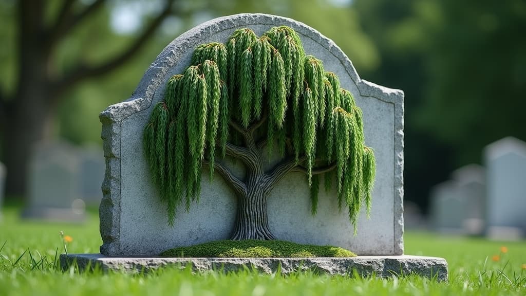 A detailed carving of a weeping willow tree on a headstone.