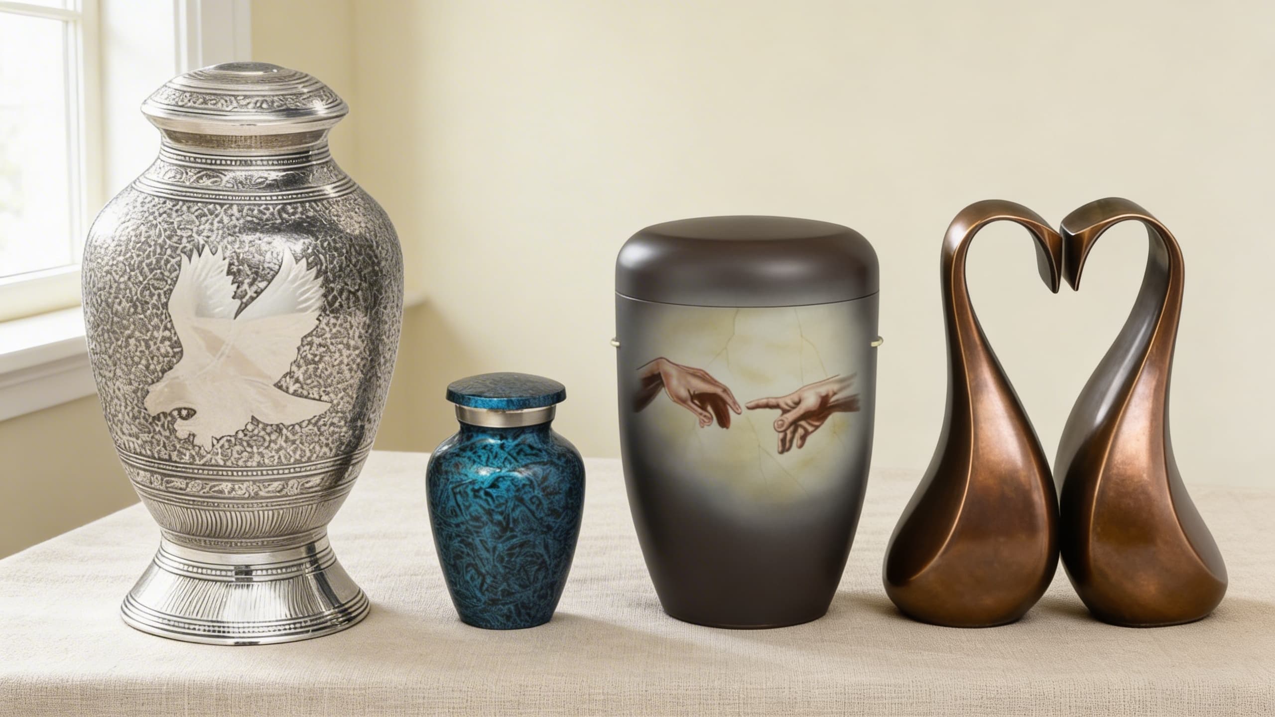 A display of various cremation memorial options including urns, jewelry, and keepsake items