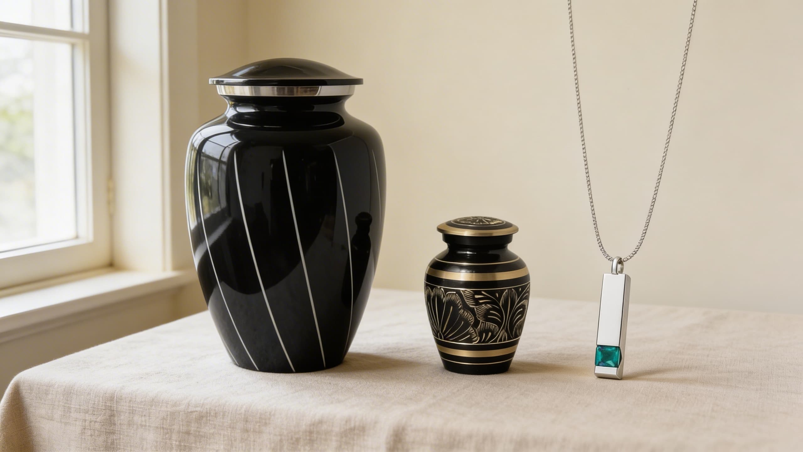 A full-size black cremation urn with silver pinstripes displayed beside a matching black and gold keepsake urn and a silver cremation pendant necklace with an emerald accent, illustrating how families can divide ashes across multiple memorials