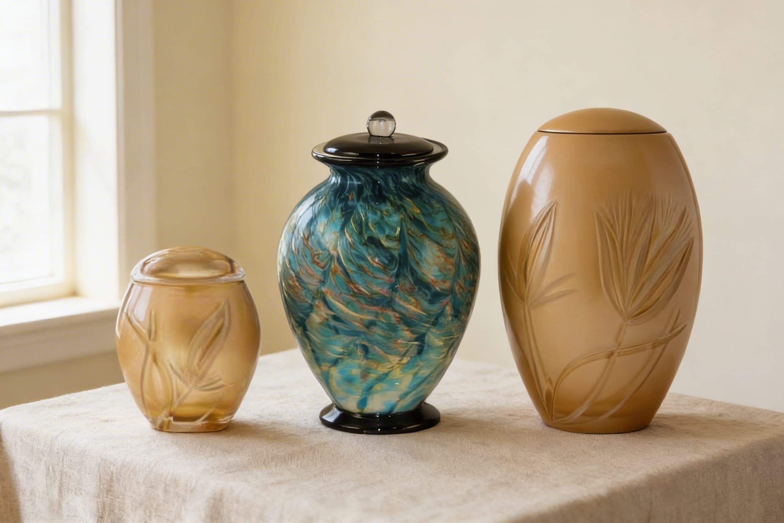 Standard, oversize, and companion cremation urns displayed side by side for size comparison