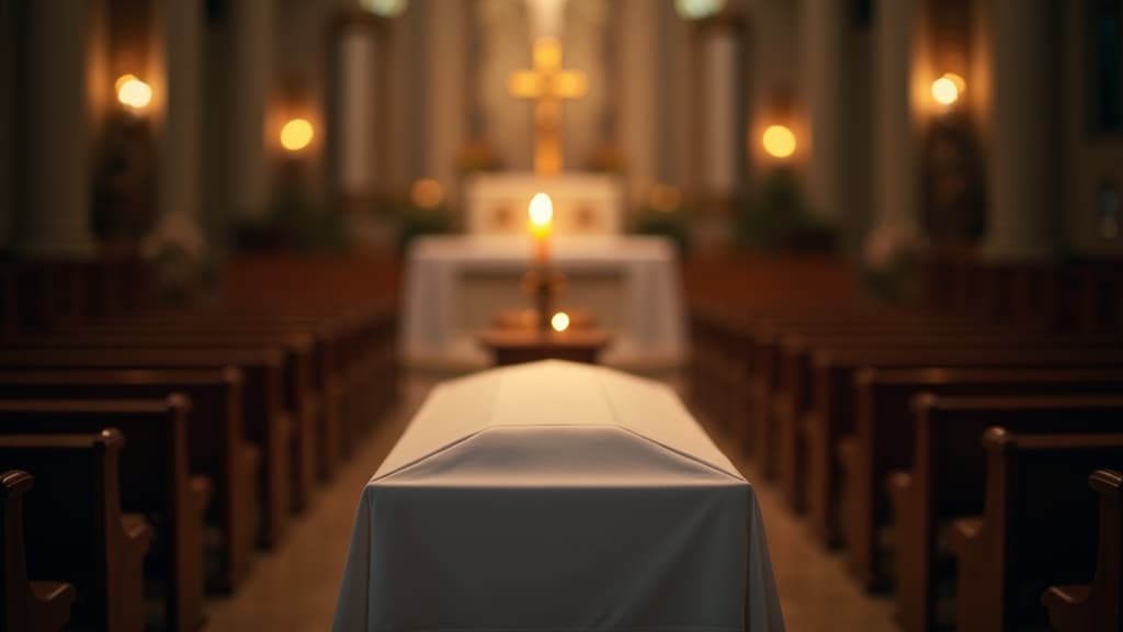 A solemn Catholic funeral scene in a church.