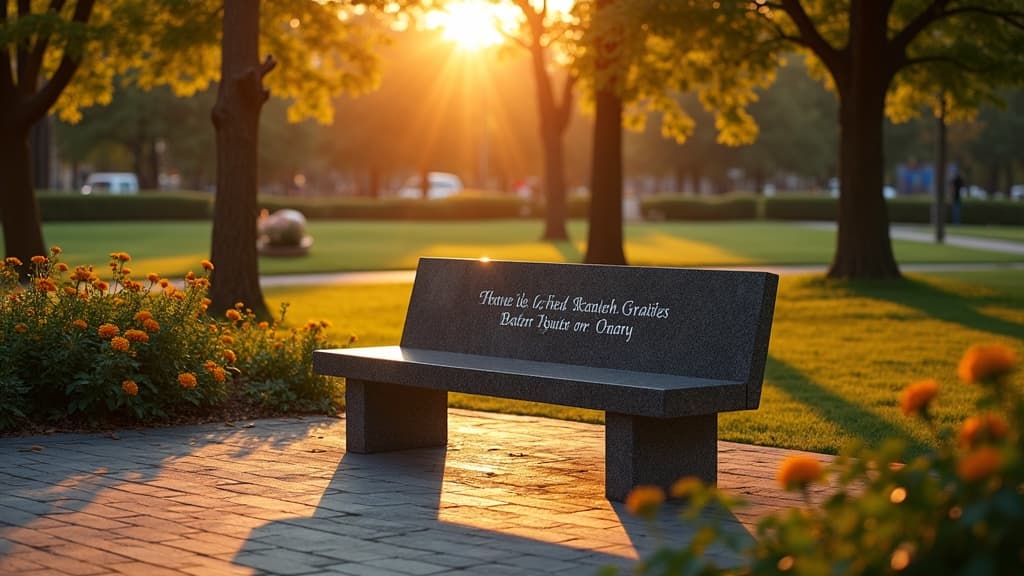 Memorial bench in a peaceful park setting during golden hour