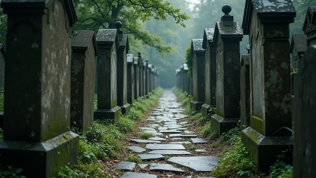 A serene and atmospheric pathway winding through an old cemetery