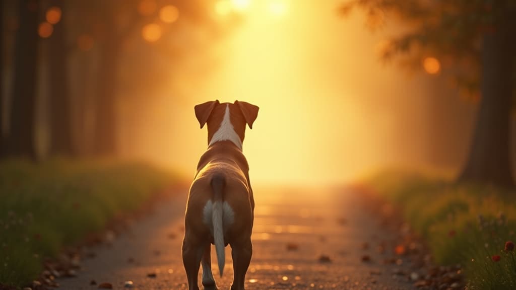 A serene dog walking towards a soft, luminous light
