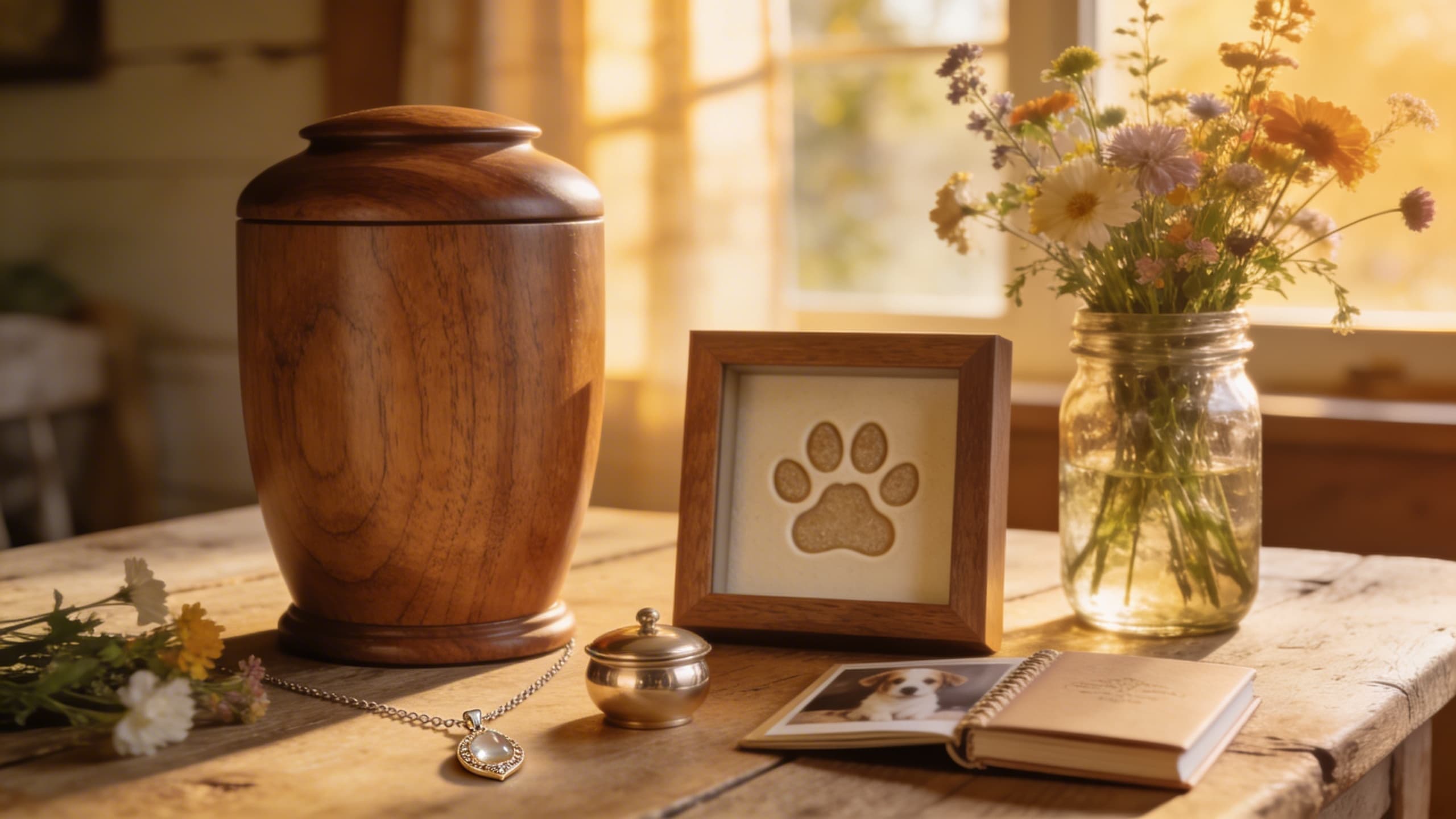 A pet memorial display with a wooden urn and paw print keepsake