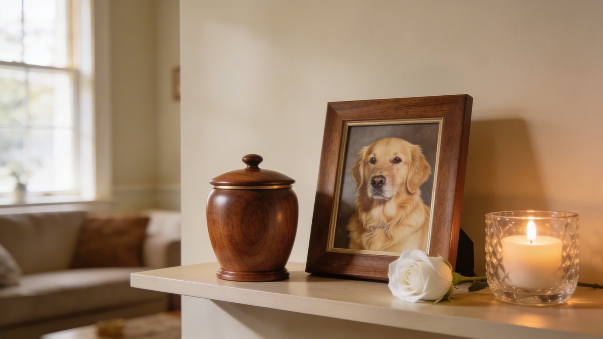 A warm living room memorial shelf displaying a wooden pet urn beside a framed pet photo and a softly glowing candle