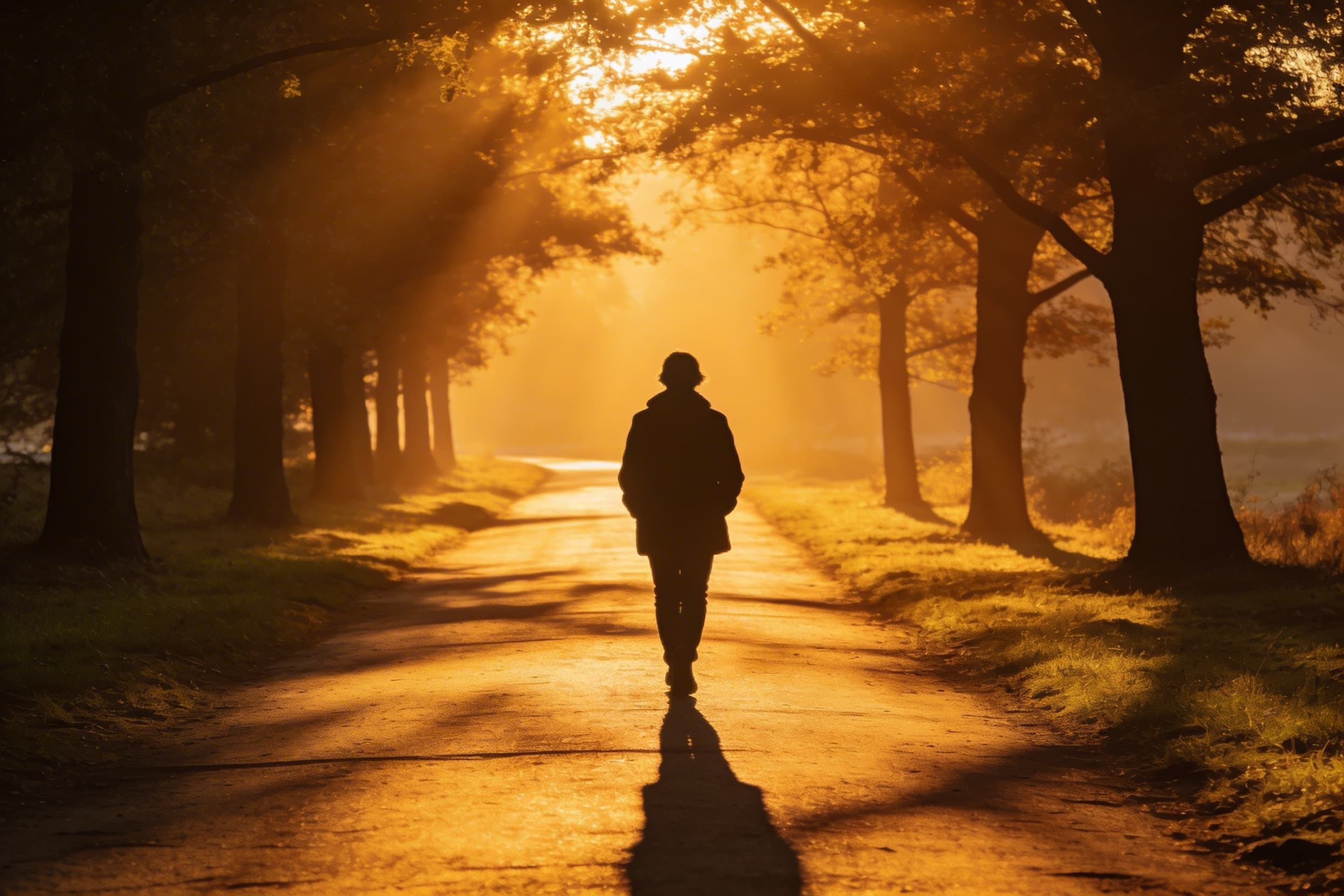 A silhouette of a person walking along a peaceful sunrise path with a dog, warm golden light filtering through trees