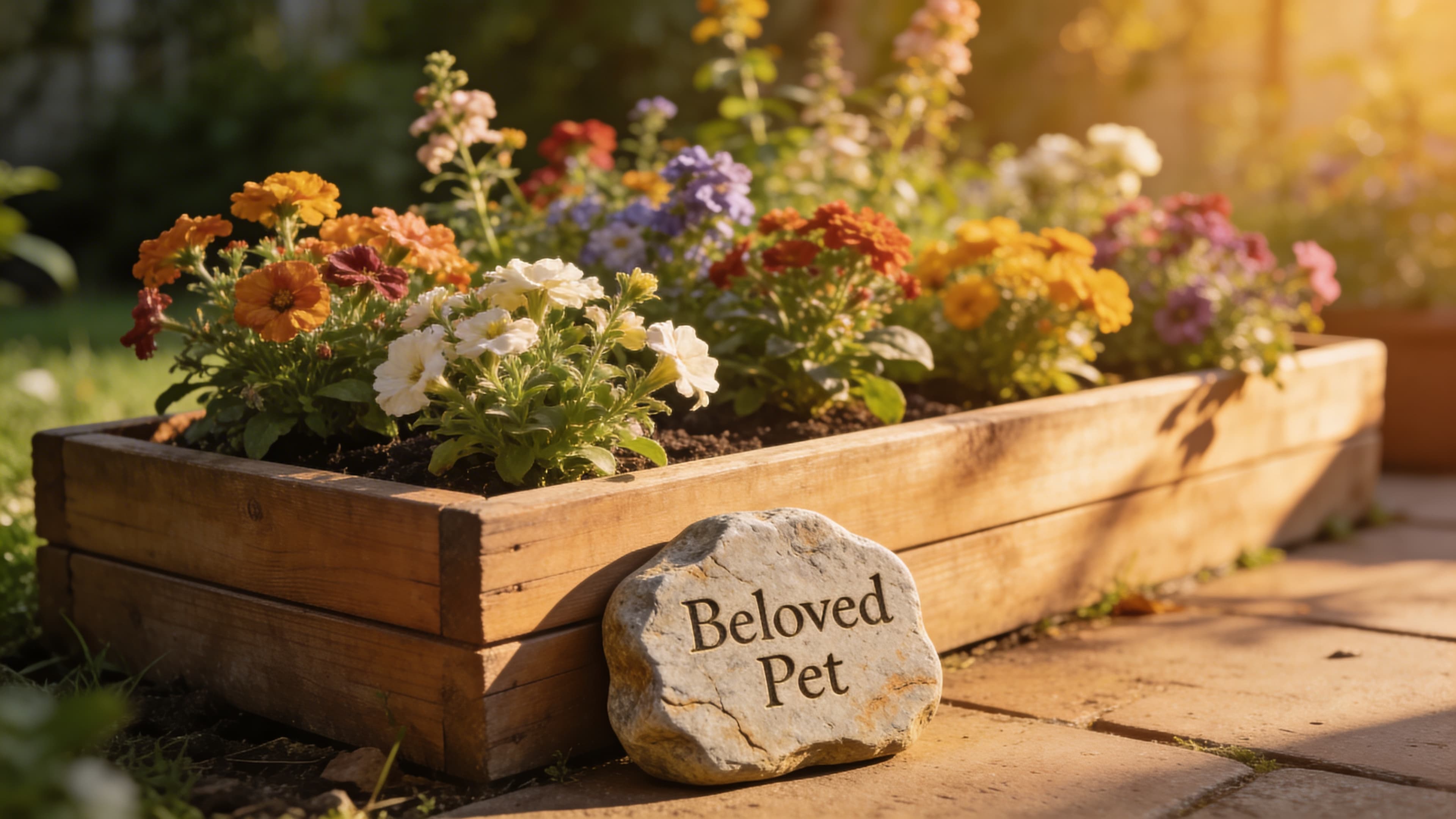 A wooden raised garden bed filled with blooming flowers and a small engraved pet memorial stone, set on a patio with soft afternoon light