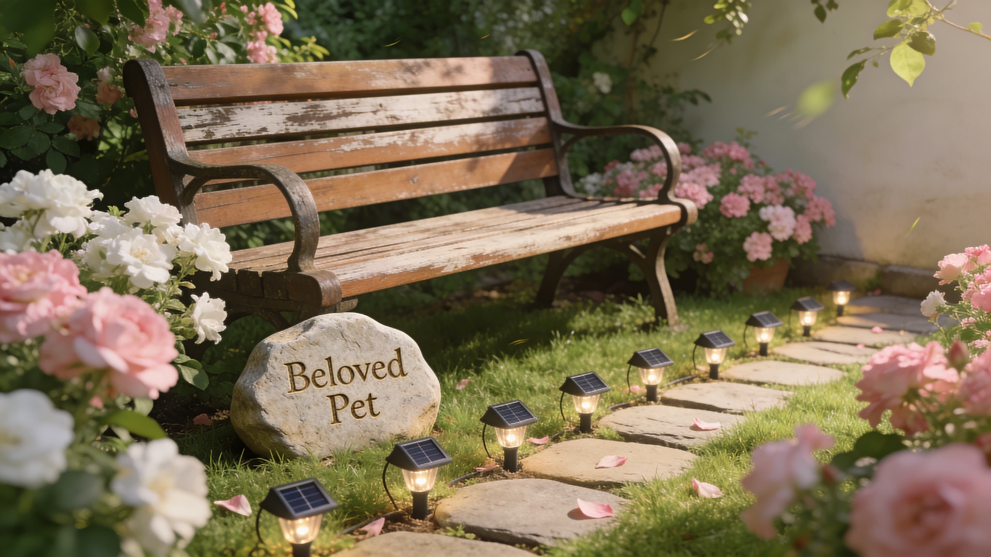 A complete pet memorial garden corner featuring a wooden bench, an engraved stone, blooming flowers, and solar path lights along a stepping stone trail