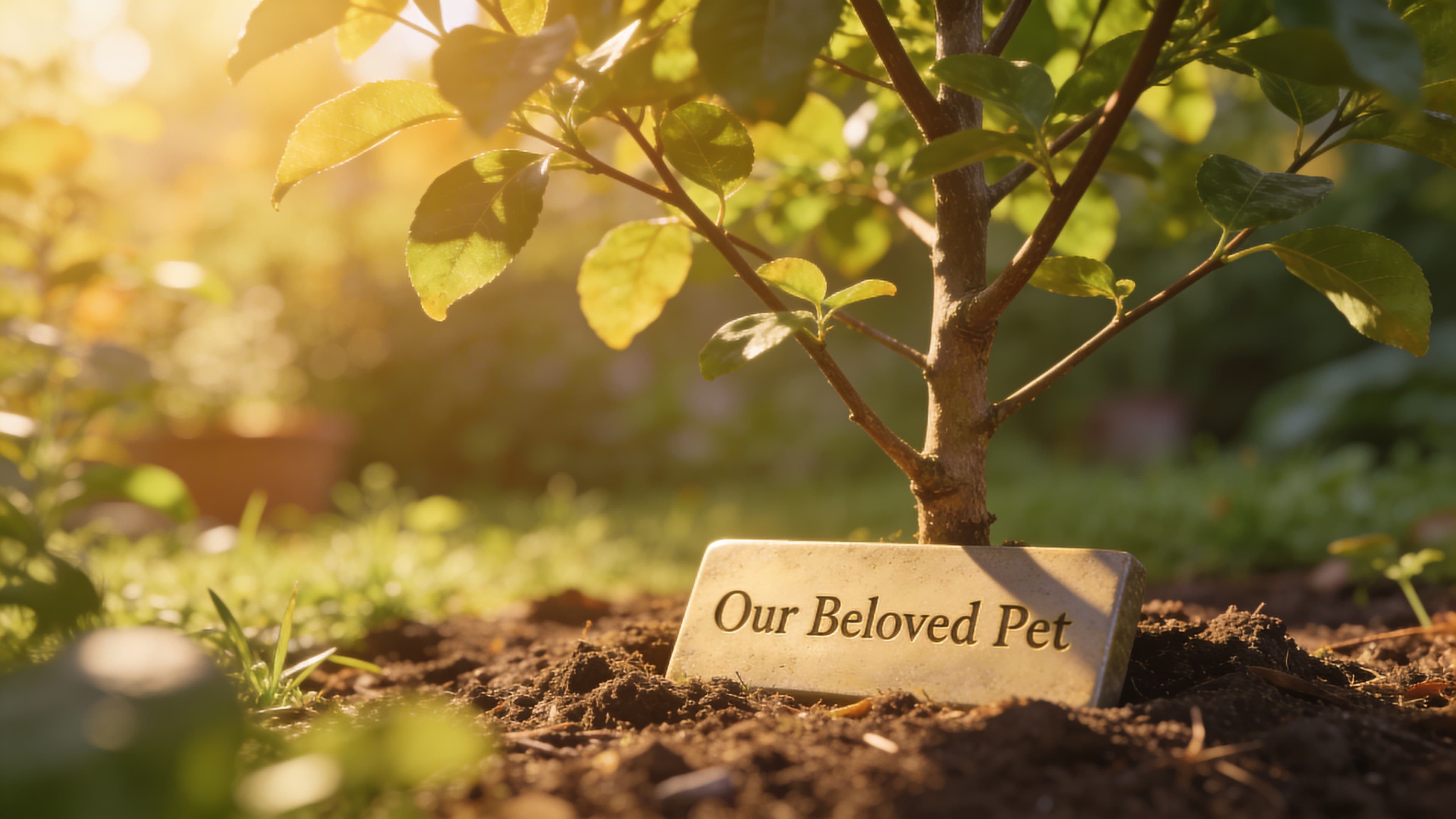 A young memorial tree sapling planted in a garden with a small engraved plaque at its base and soft sunlight filtering through leaves