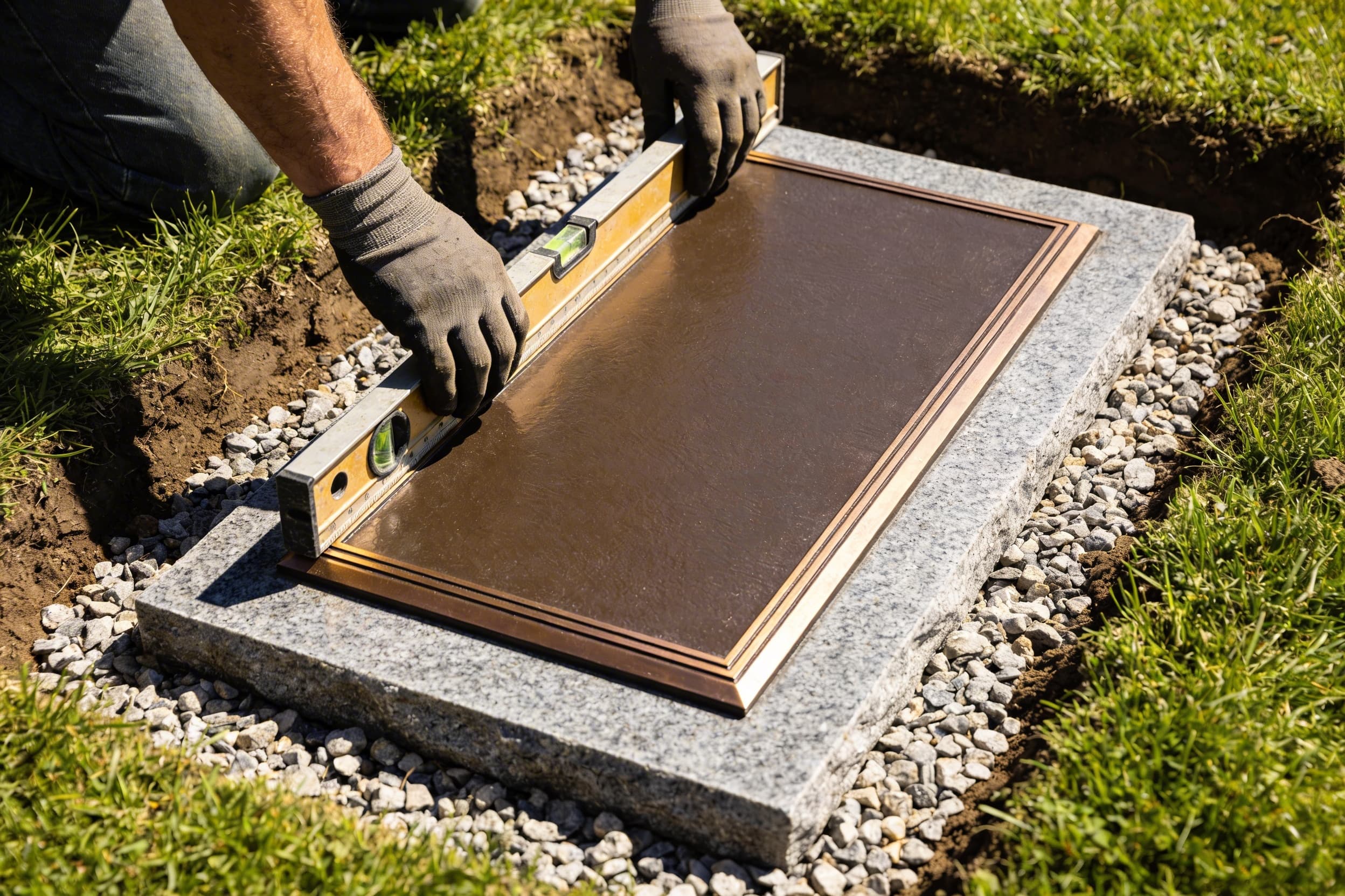 A flat bronze-on-granite grave marker being set flush into a prepared gravel bed at ground level in a cemetery lawn