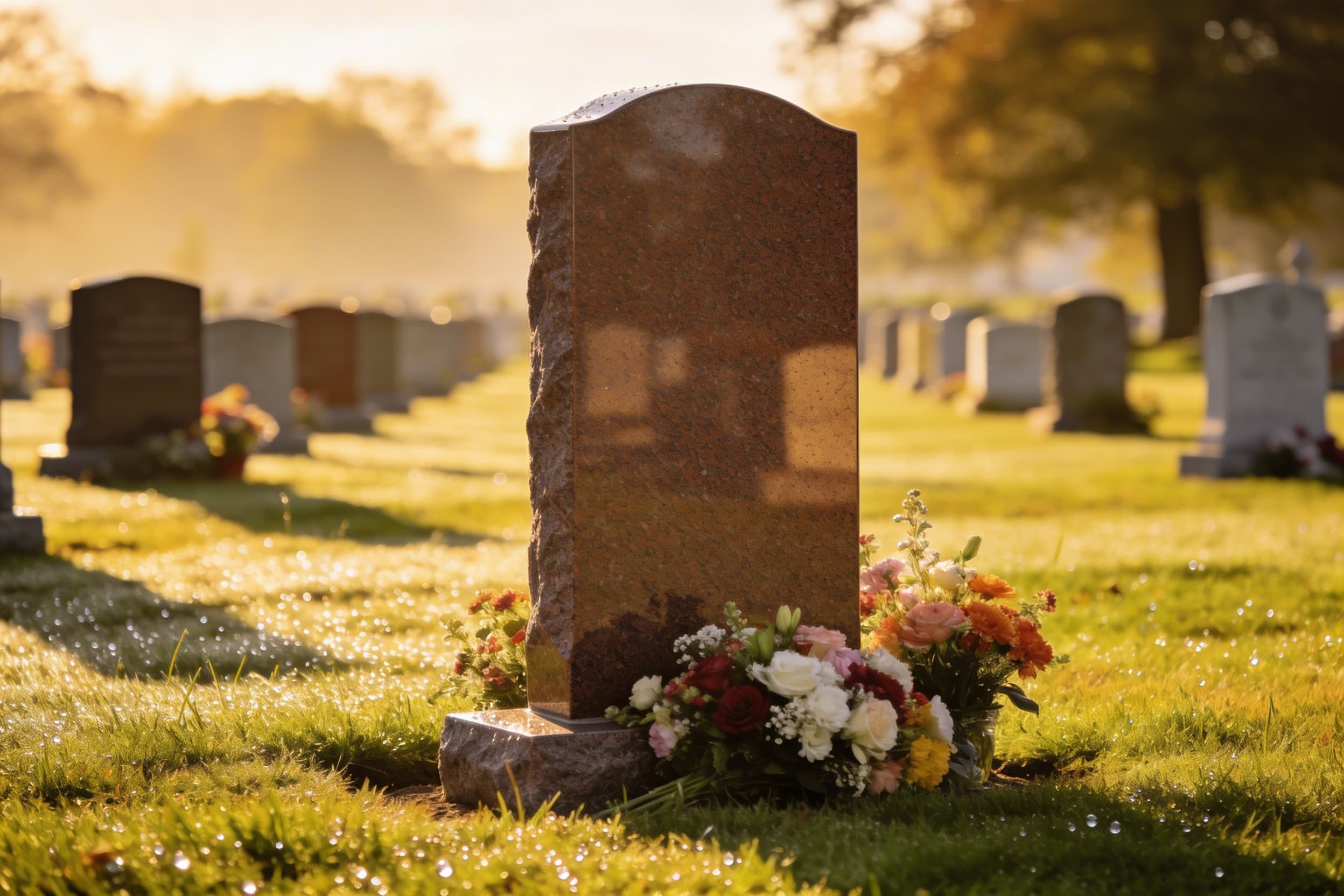 A newly installed upright granite headstone on a well-maintained cemetery lawn with fresh flowers placed at the base